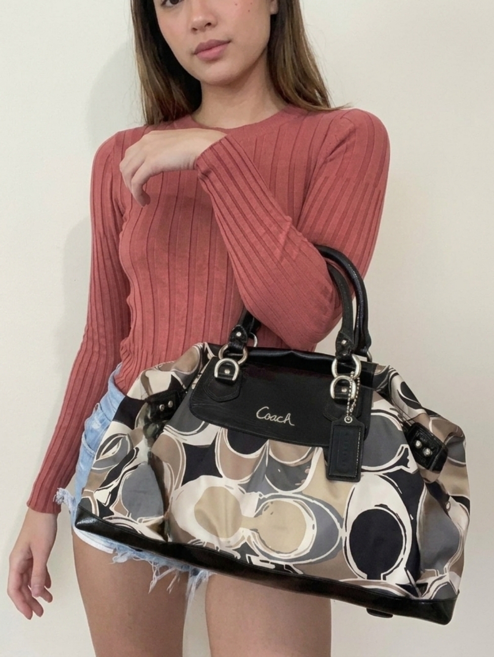 COACH Poppy Pop C Graffiti Appliqué Satchel Handbag - Black & Khaki - Picture 8 of 16